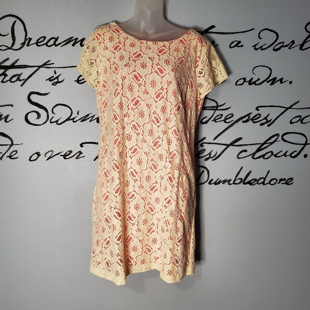 Black Label Saks Fifth Ave Mini Lace Dress, Pale Coral Lace Overlay, 14